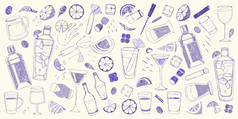 Collection of hand drawn cocktail ingredients and bar tools in purple and white tones