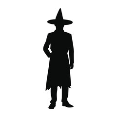 Silhouette of a person in a witch costume with a pointed hat