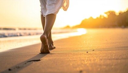 Barefoot Woman Walking on Sandy Beach at Sunset with Golden Light and Trees in Background