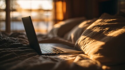 Golden Sunlight on Laptop in Cozy Bed