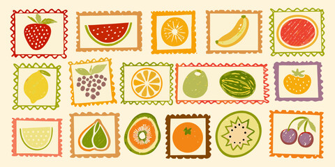 Collection of hand drawn fruit illustrations in postage stamp frames on a cream background