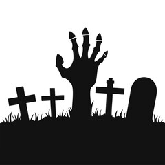 Zombie hand and gravestones in a graveyard Keywords: zombie, hand, graveyard, cemetery