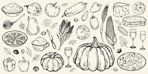 Hand drawn sketch of autumn harvest foods and drinks celebrating thanksgiving and fall season
