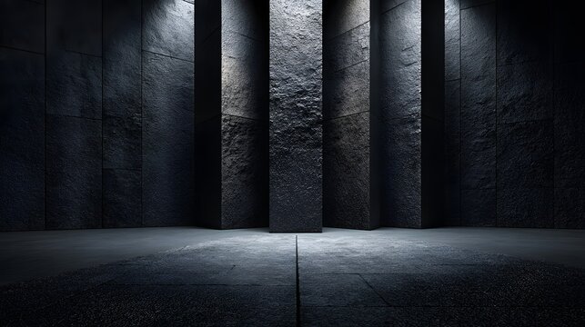 Dramatic interior scene presents a dark, moody atmosphere with imposing stone pillars bathed in focused light, textured walls add depth and interest, creating a sense of mystery within the...
