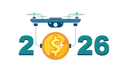 Happy New Year 2026. Flat green design, drone delivery of gold dollar coin, cent and numbers 2026. Long-awaited joy Holiday, twelfth night, white background, calendar poster, flyer Vector illustration
