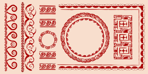 Collection of red decorative borders and frames with traditional swirl and geometric motifs