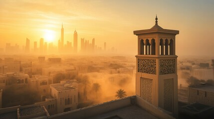 Fototapeta premium Old Wind Tower Overlooking Modern City at Sunrise 
