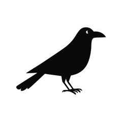 Black silhouette of a crow with a white eye on a white background