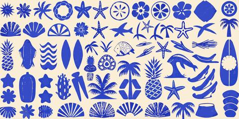 Collection of blue tropical beach and ocean icons and symbols on a beige background