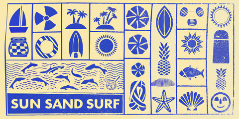 Collection of blue summer beach icons and symbols on a yellow background with text