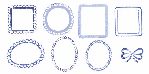 Collection of hand drawn blue decorative frames and a bow on a white background