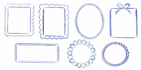 Collection of hand drawn blue watercolor frames and borders in various shapes and styles
