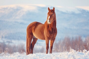 Majestic brown horse standing in a snowy landscape Generative AI