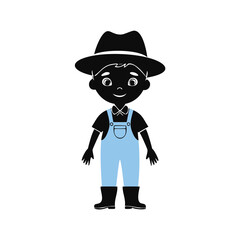 Cartoon farmer boy in light blue overalls and cowboy hat Keywords: farmer, boy, cowboy hat