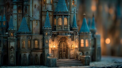 Fototapeta premium Elaborate miniature castle displays a detailed architectural design featuring multiple spires with blue-green conical roofs, illuminated windows, and intricate stonework in a captivating dusk scene.