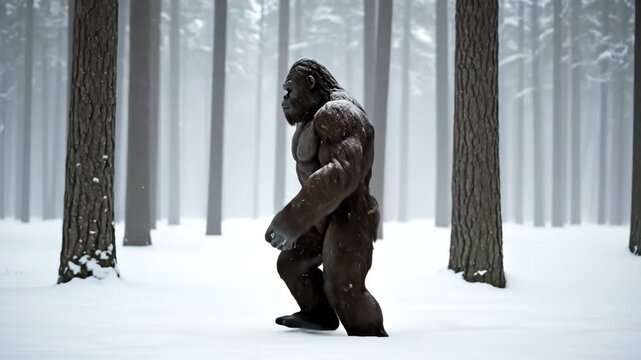Bigfoot Walking in a Snowy Forest - A cinematic shot of Bigfoot walking in a snow-covered forest. The creature is dark-colored, muscular, and appears to be walking through the snow.