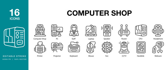 Computer Shop icon set. Includes computer, technology, shop, laptop, business and More. Editable Stroke Icon Collection.