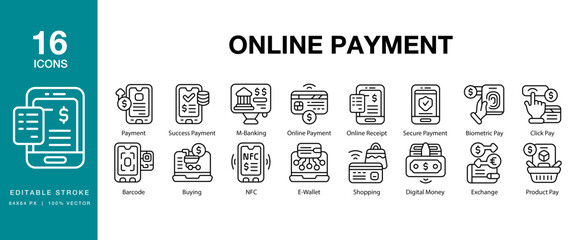 Online Payment icon set. Includes online, payment, banking, mobile, internet and More. Editable Stroke Icon Collection.