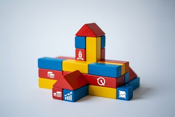 Colorful toy blocks forming a building with business icons construction architecture