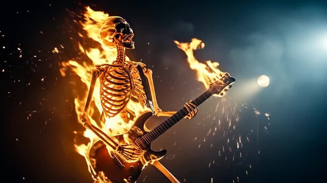 Burning Skeleton Rock Guitarist - A cinematic video of a skeleton playing an electric guitar. The skeleton is engulfed in flames, with fiery details and sparks adding to the dramatic effect.