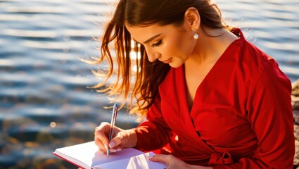 Writing by the water a creative woman journaling at sunset lakeside lifestyle serene close-up inspiration