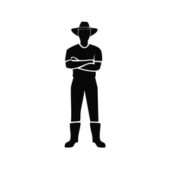 Silhouette of a farmer with arms crossed and boots on white background