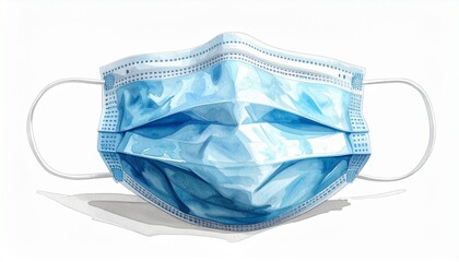 Render a disposable blue surgical face mask with pleated layers and white elastic ear loops, isolated on a clean background to emphasize public health, hygiene, and protective medical design.