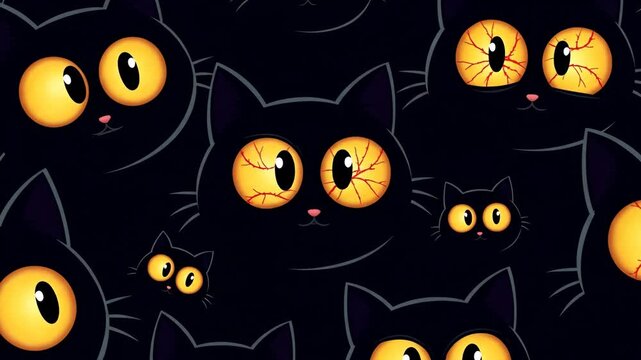 Cartoon Halloween Black Cats with Glowing Eyes - A whimsical, cartoonish illustration featuring a pattern of black cat faces on a dark background.