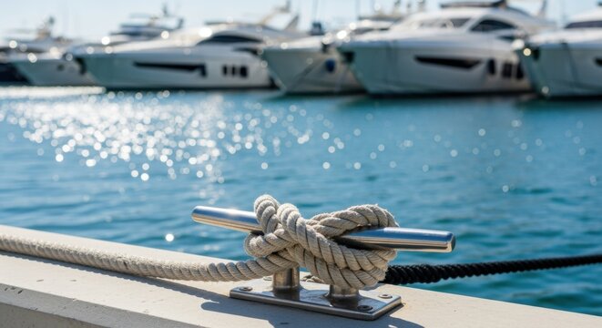 Rope tied to a cleat on a dock with luxury yachts in the background, shimmering water.