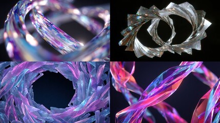 Four abstract images featuring crystal-like, twisted, iridescent forms with depth and various lighting effects