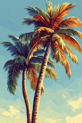 Two stylized palm trees stand against a bright, sunny sky
