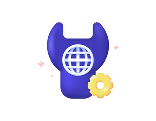Illustration of a wrench symbol with website and gear symbols. Website repair and maintenance concept. Web engineering. 3D style design. White background.