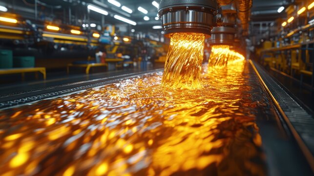 Molten metal flows from robotic arms in an industrial setting