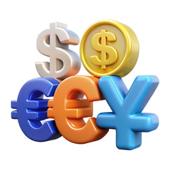 3d rendering of major currency symbols including dollar euro yen and yuan isolated on transparent background