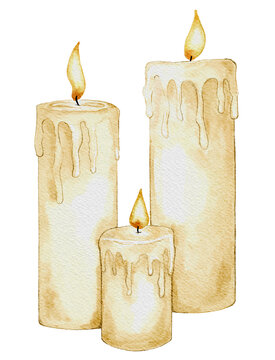 Three burning white candles for christian and catholic church theme. Burning candle set shand drawn with watercolor on transparent background. Rustic isolated illustration for mass, Baptism, wedding.