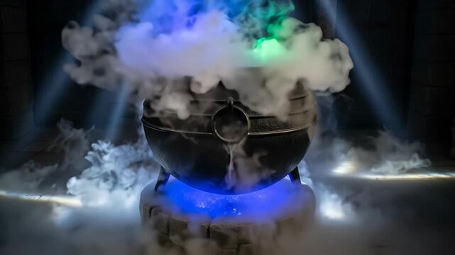 Cinematic Cauldron with Colored Lighting and Dry Ice - A black cauldron sits on a stone pedestal, filled with billowing white vapor and illuminated by colored lighting.