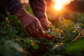 Agricultural workers harvest tomatoes at sunset in the field Generative AI