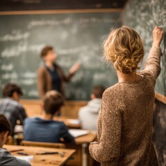 Student Writing on Chalkboard in Classroom