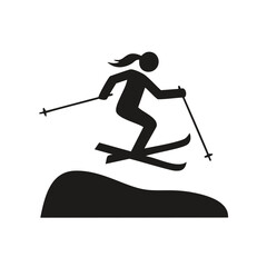 Fototapeta premium Black silhouette of a female skier jumping over a mound Keywords: skiing, skier, jump, mound