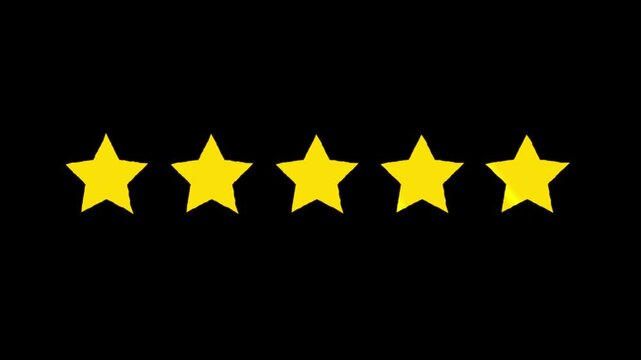Cartoon shape 5 Star Rating Animation, star review concept, Rating stars icon animation, glowing five star flat symbol animation, star review concept on Transparent Background. 4k animation