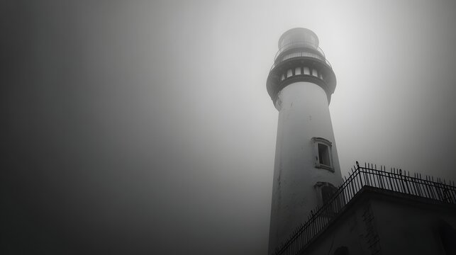 The image depicts a tall, white lighthouse enveloped in thick, swirling fog, creating a mysterious and atmospheric scene.