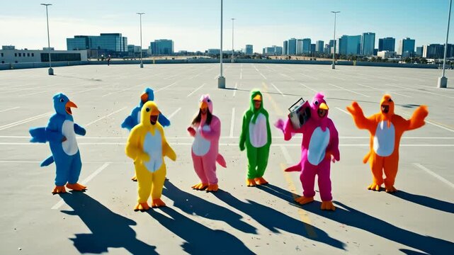 Friends in Bird Costumes Having Fun Outdoors - A group of friends dressed in colorful bird costumes is shown outdoors. They are having fun, some are walking, and one is carrying a boombox.