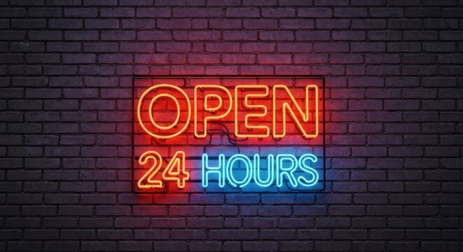 Neon "Open 24 Hours" sign with red and blue on brick wall