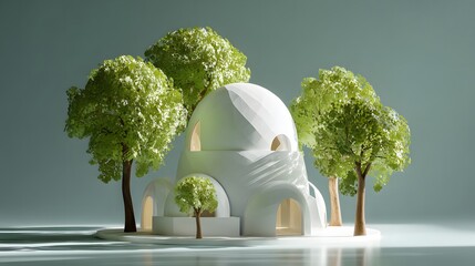 Tranquil illustration presents a low-poly, white architectural form with arched openings and a rounded roof, surrounded by lush green stylized trees in a serene, minimalist composition, evoking a...