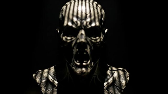 Scary Statue Bust Lit by Strobe - A close-up shot of an old, scary statue bust is shown in a dark environment.