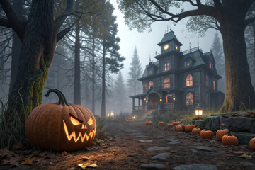 Halloween background with pumpkins and haunted house - 3D render. Halloween background with Evil Pumpkin. Spooky scary dark Night forrest. Holiday event halloween banner background concept 