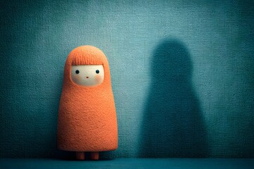Cute Felt Doll with Orange Hair and Simple Face Standing on Blue Wall