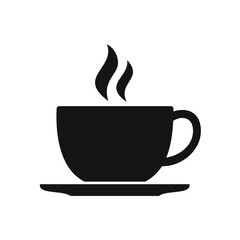 Black silhouette of a steaming coffee cup on a saucer Keywords: coffee, cup, mug, hot, drink