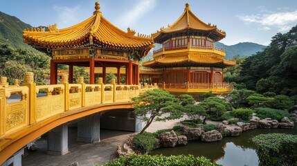Obraz premium Ornate wooden Chinese temple with a yellow tiled roof and arched stone bridge.