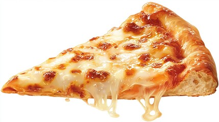 Pizza slice with melted cheese, golden crust on plain background